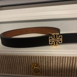 Tory Burch Black/Brown Leather Reversible Belt Large